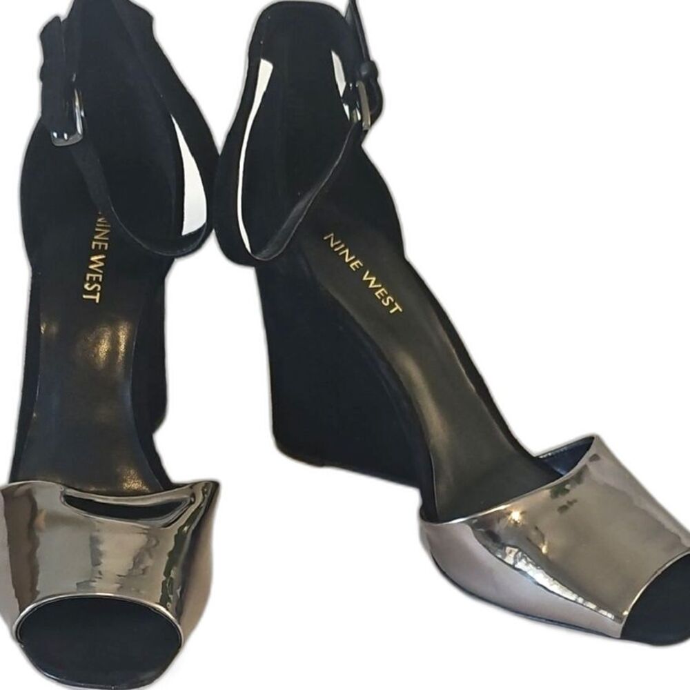 Nine West Black Silver Accent Ankle Strap Stiletto Heels Size 8.5